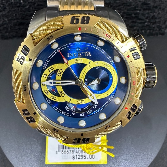 Men's (NWT) Blue and Yellow Faced w/Gold Bezel & Two-Toned Gold & Silver Band - Picture 1 of 4